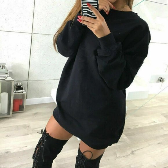 Tops - Women's Oversize Sweatshirt Mini Tank Dress Long Sleeve Sweater Casual Top Shirt